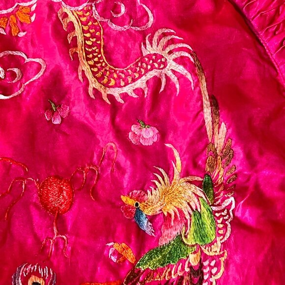 Embroidered Cushion Cover Pink Round Pleated Trim Dragon & Bird 18" D VTG READ - Picture 6 of 8